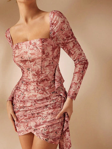 Winter Floral Ruched Draped Ruffle Mini Dress