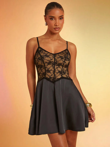 Women Contrast Lace Ruched Short Elegant Fashion Camisole Dress