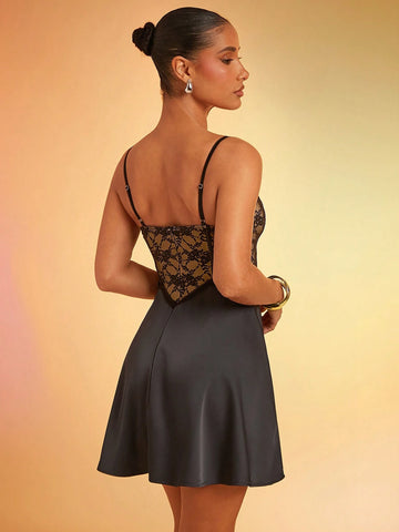 Women Contrast Lace Ruched Short Elegant Fashion Camisole Dress