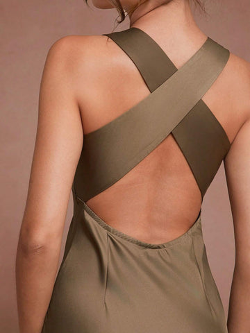 Women Elegant Solid Color Deep V Neck Satin Sleeveless Mermaid Dress