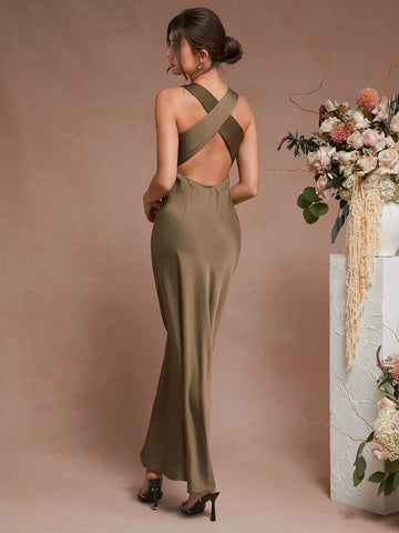 Women Elegant Solid Color Deep V Neck Satin Sleeveless Mermaid Dress