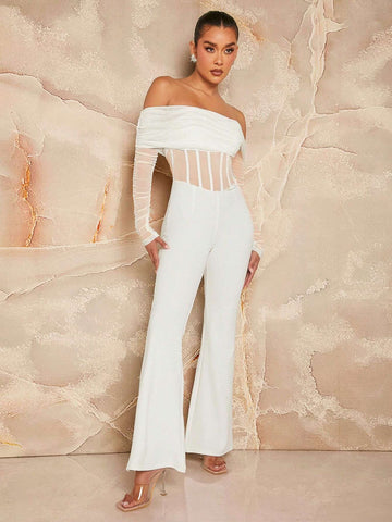 Women Elegant Solid Color Mesh Splice Off Shoulder Flare Jumpsuit For Spring/Summer