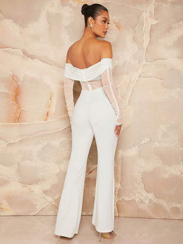 Women Elegant Solid Color Mesh Splice Off Shoulder Flare Jumpsuit For Spring/Summer