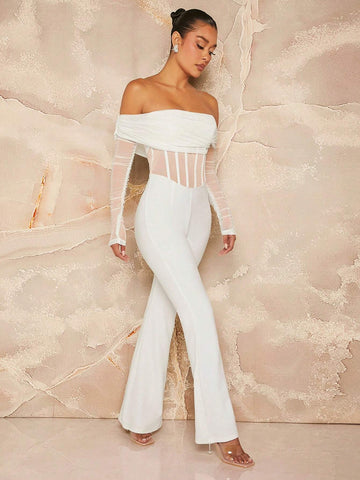 Women Elegant Solid Color Mesh Splice Off Shoulder Flare Jumpsuit For Spring/Summer