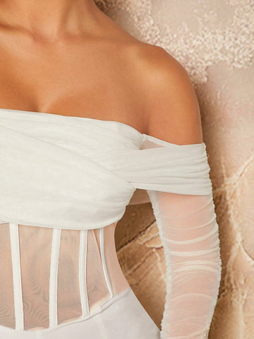 Women Elegant Solid Color Mesh Splice Off Shoulder Flare Jumpsuit For Spring/Summer