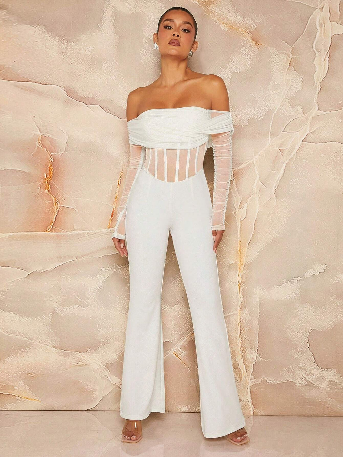 Women Elegant Solid Color Mesh Splice Off Shoulder Flare Jumpsuit For Spring/Summer
