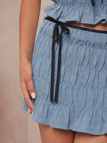 Haute Women Jeans Skirt Color-Blocking With Black Belt And Ruffle Hem