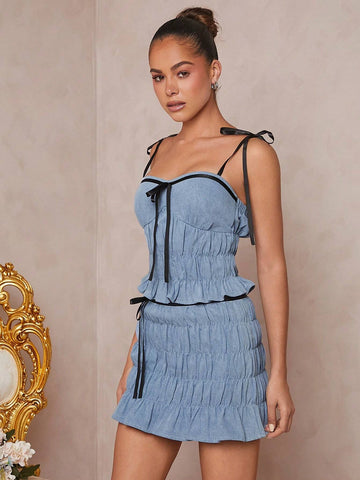 Haute Women Jeans Skirt Color-Blocking With Black Belt And Ruffle Hem