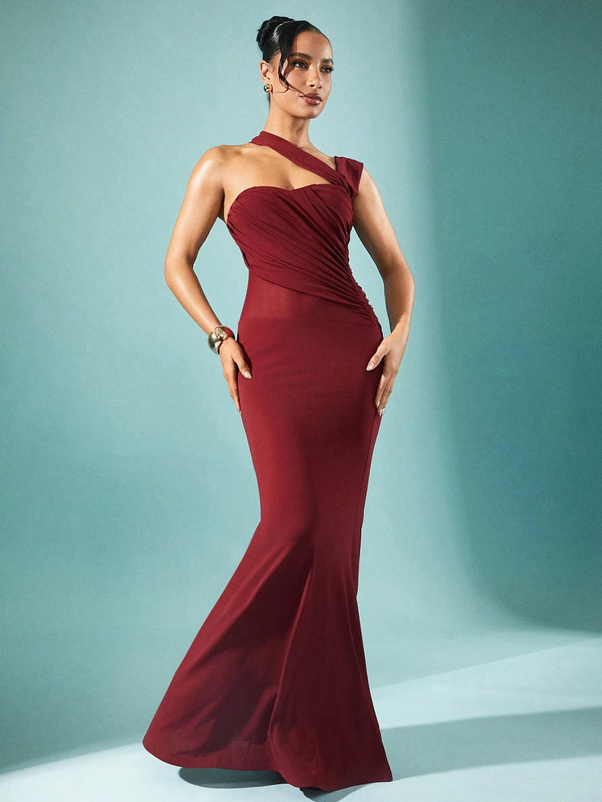 Women Solid Color Asymmetric Pleated Long Casual Dress, Everyday Wear