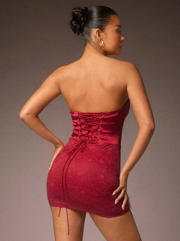 Women Solid Color Contrast Lace Fitted Elegant Short Mini Dress