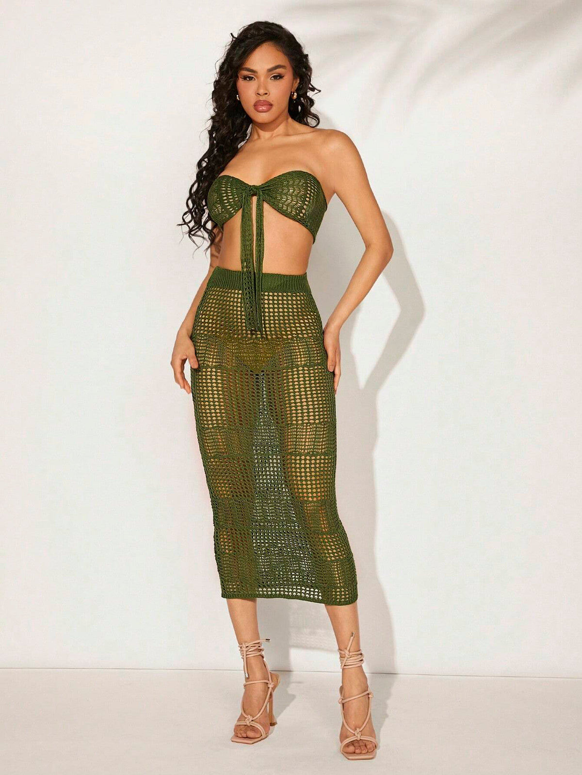 Women Solid Color Knitted See-Through Cropped Tube Top And Skirt Two Piece Set
