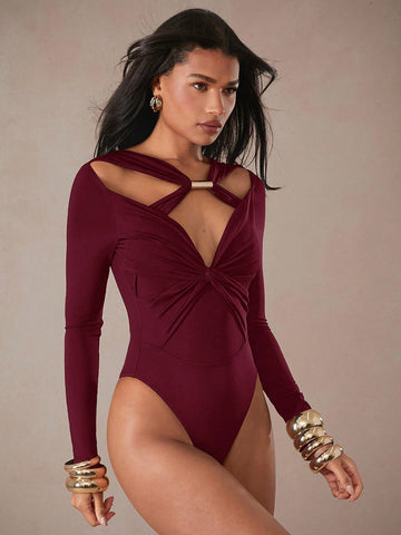 Women Solid Color Long Sleeve Hollow Out Fitted Bodysuit, Casual Everyday Wear