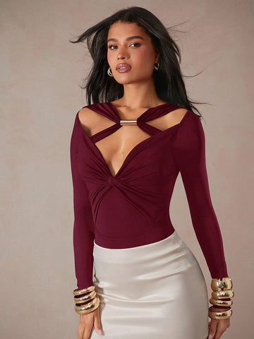 Women Solid Color Long Sleeve Hollow Out Fitted Bodysuit, Casual Everyday Wear
