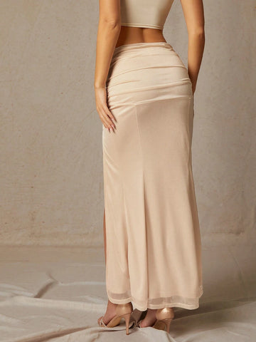 Haute Women Solid Color Pleated Split A-Line Skirt, Casual Everyday Wear