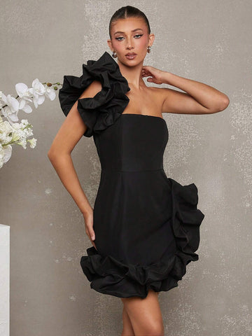 Women Solid Color Ruffled One Shoulder Cocktail Dress