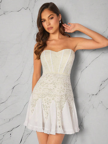 Women Solid Color & Simple Design Embroidery Decor Strapless Dress