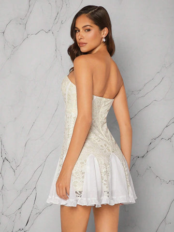 Women Solid Color & Simple Design Embroidery Decor Strapless Dress