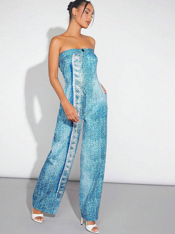 Women Summer Casual Denim Effect Strapless Jumpsuit