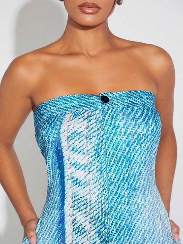 Women Summer Casual Denim Effect Strapless Jumpsuit