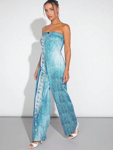 Women Summer Casual Denim Effect Strapless Jumpsuit