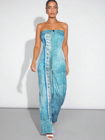 Women Summer Casual Denim Effect Strapless Jumpsuit