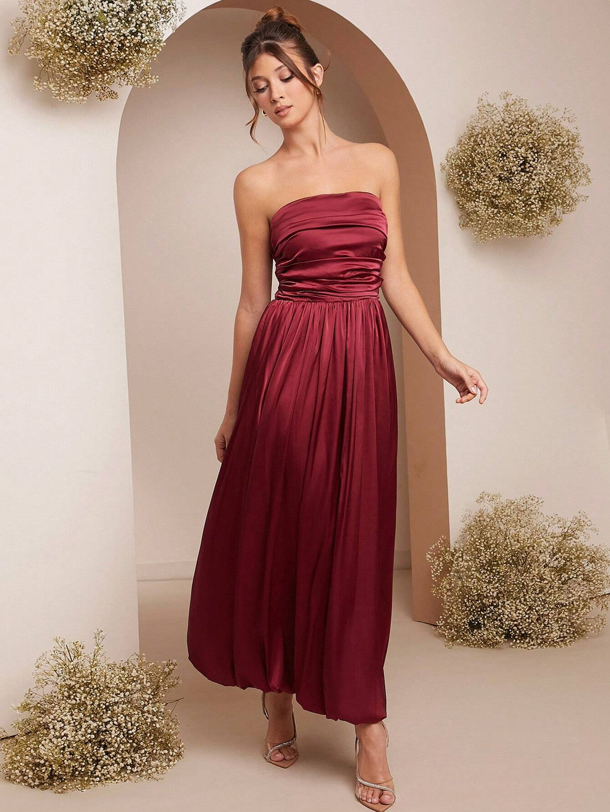 Women Summer Solid Color Elegant Ruched Bandeau Dress