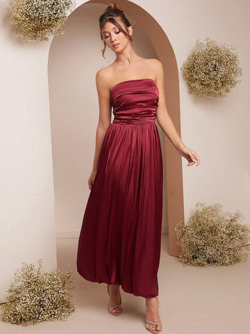 Women Summer Solid Color Elegant Ruched Bandeau Dress