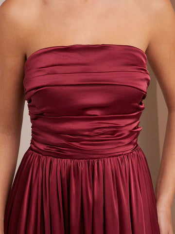 Women Summer Solid Color Elegant Ruched Bandeau Dress