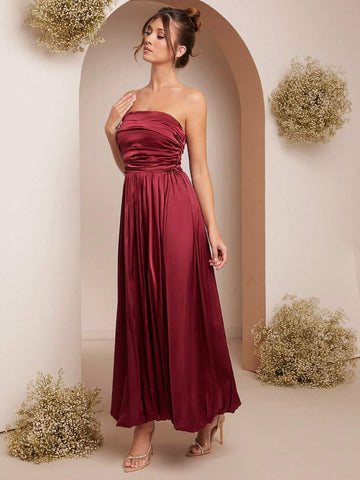 Women Summer Solid Color Elegant Ruched Bandeau Dress
