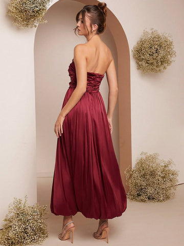 Women Summer Solid Color Elegant Ruched Bandeau Dress