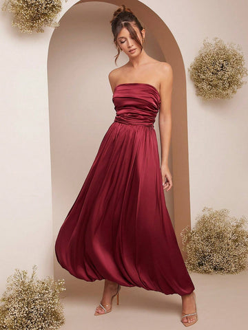 Women Summer Solid Color Elegant Ruched Bandeau Dress