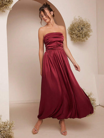 Women Summer Solid Color Elegant Ruched Bandeau Dress