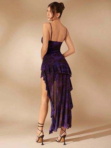 Women Tie-Dye Print Ruffle Patchwork Flounce Strap Mini Dress