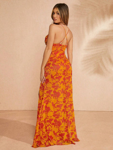 Women's Allover Graphic Print Cami Maxi Dress With High Side Slit, Summer