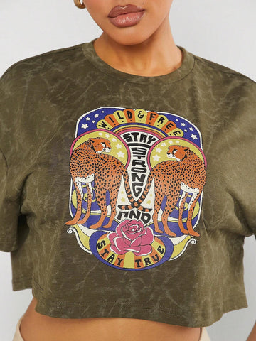 Haute Women's Animal & Letter Print Cropped T-Shirt