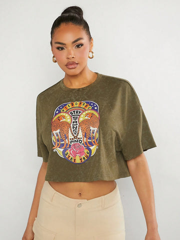 Haute Women's Animal & Letter Print Cropped T-Shirt