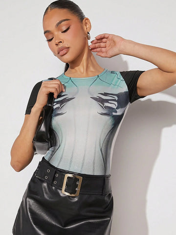 Women's Digital Printed Bodysuit With Motorcycle Feel