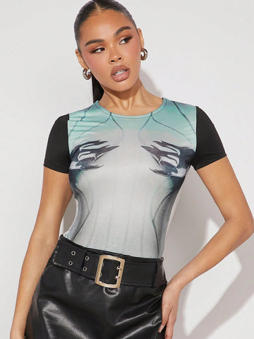 Women's Digital Printed Bodysuit With Motorcycle Feel