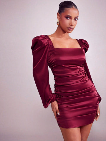 Women's Elegant Solid Ruched Bodycon Satin Mini Dress