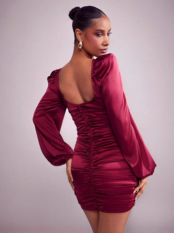 Women's Elegant Solid Ruched Bodycon Satin Mini Dress