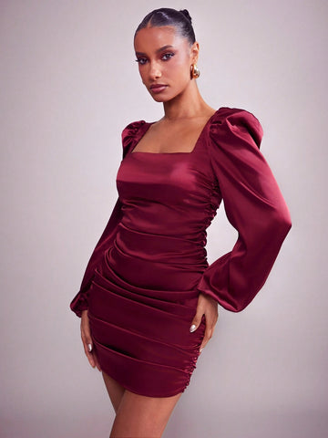 Women's Elegant Solid Ruched Bodycon Satin Mini Dress