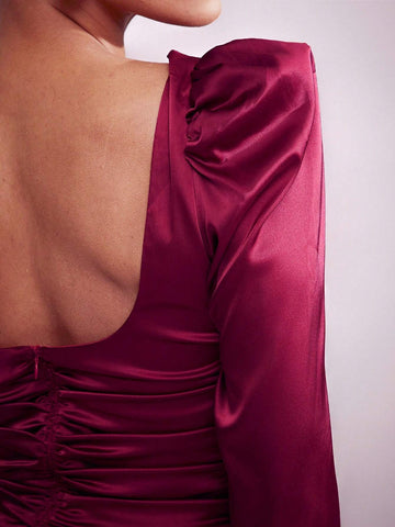 Women's Elegant Solid Ruched Bodycon Satin Mini Dress