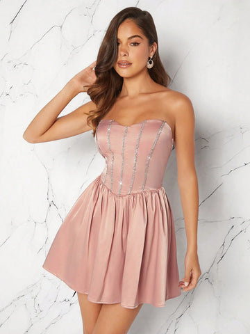 Women's Elegant Strapless Dress Decorated With Rhinestones, Solid Color