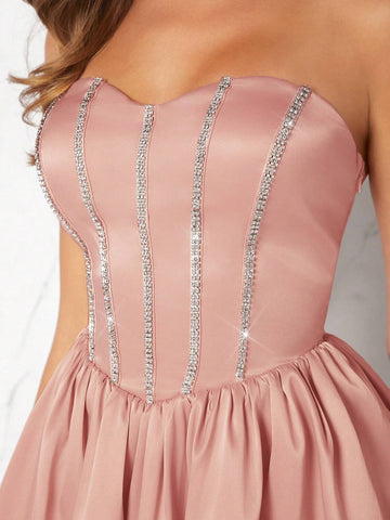 Women's Elegant Strapless Dress Decorated With Rhinestones, Solid Color