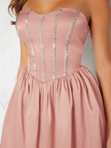 Women's Elegant Strapless Dress Decorated With Rhinestones, Solid Color