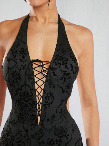 Women's Floral Mesh Halter Neck Romper