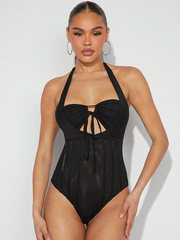 Women's Knot & Hollow Out Front, Backless Halter Bodysuit