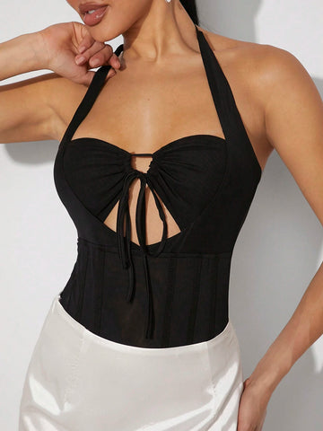 Women's Knot & Hollow Out Front, Backless Halter Bodysuit