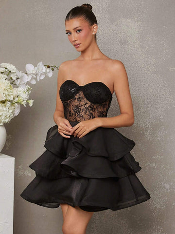 Women's Layered Lace Trim Ruffled Hem Tube Dress