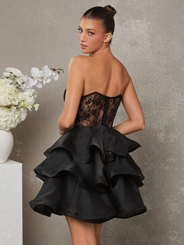 Women's Layered Lace Trim Ruffled Hem Tube Dress